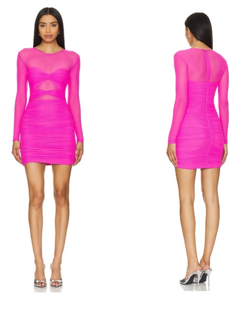 Nookie x Revolve Mini Dress XS Neon Pink Ruched Mesh Cutout Bodycon Dress